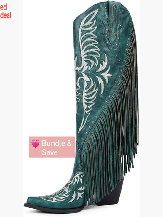 Shoes - Fringed Cowgirl Boots Embroidered Studded Pointed Toe Chunky Heel Western Knee